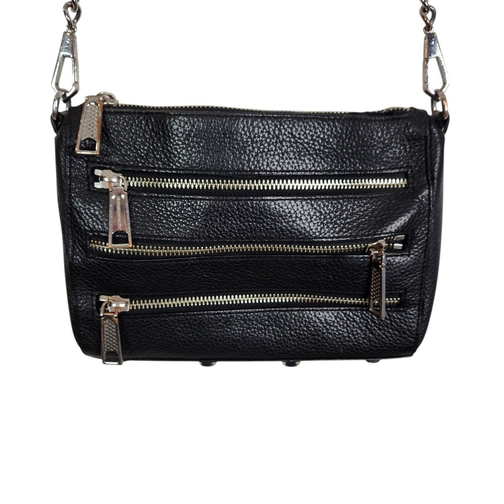REBECCA MINKOFF 5 Zip Crossbody Bag Womens Small Black Leather Silver Purse